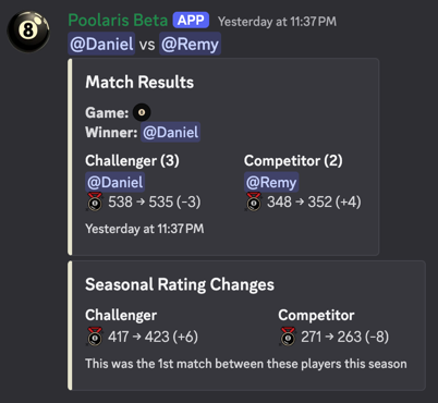 Seasonal match results embed